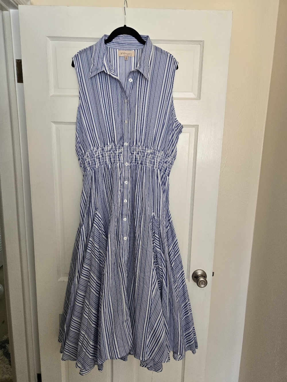 Philosophy Sleeveless Blue & White Stripe Button-Front Maxi Dress